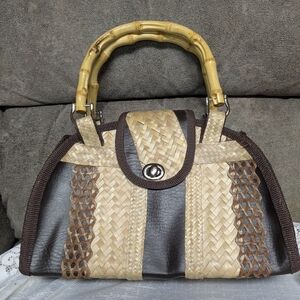 Vintage 1960s Woven Raffia Satchel Genuine Bamboo Handles Turn-Lock